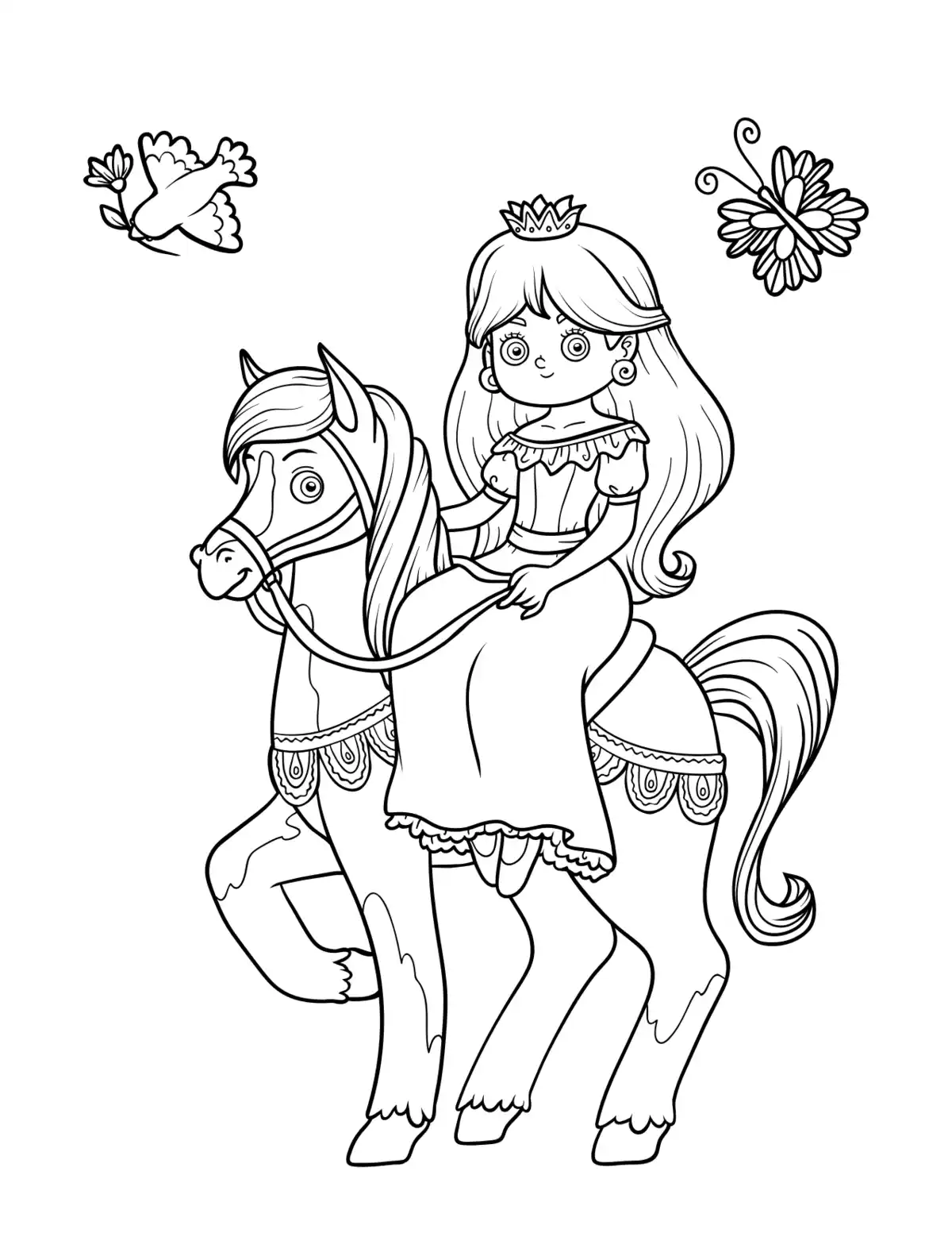 Free Download Coloring PDF, Princess Riding Horse Bird Butterfly Coloring Pages Pdf